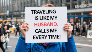 Person holding a sign with the funny travel quote: 'Traveling is like my husband. Calls me every time!' Humorously comparing the irresistible pull of travel to the frequent calls from a spouse.