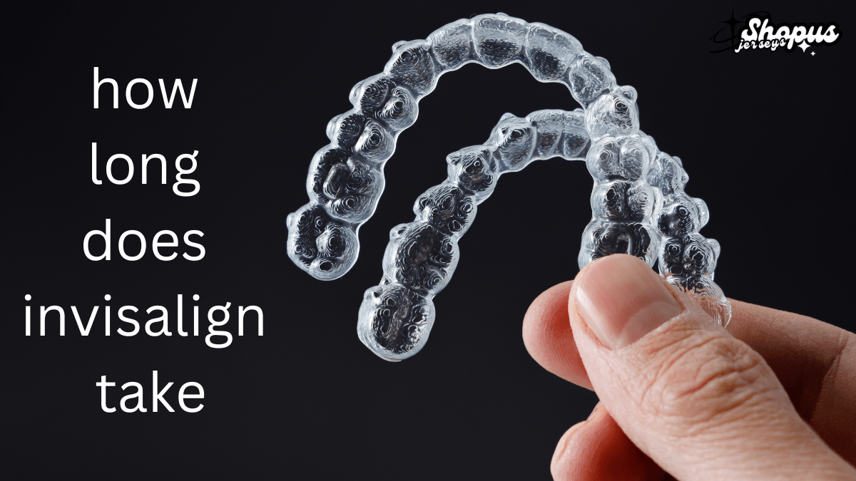 A close-up of a person holding Invisalign clear aligners with the text 'how long does Invisalign take' to represent the duration of treatment