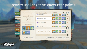 Screenshot of a game interface showing Daily Commission Rewards and various options for regions and quests, with the text 'how to use long term encounter points' displayed at the top. The interface includes options like 'Swift Slayer' and 'Operation Graze,' with encounter points and bonus rewards listed, as well as a section showing 'Long-Term Encounter Points' at the bottom with a 0.0 value.