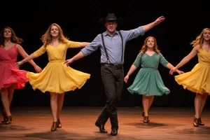 A group of people smiling and performing a line dance, showcasing what is line dancing. Dancers are arranged in rows, facing the same direction, and following a sequence of steps in unison.