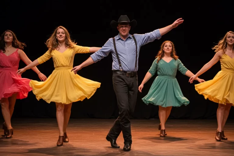 A group of people smiling and performing a line dance, showcasing what is line dancing. Dancers are arranged in rows, facing the same direction, and following a sequence of steps in unison.