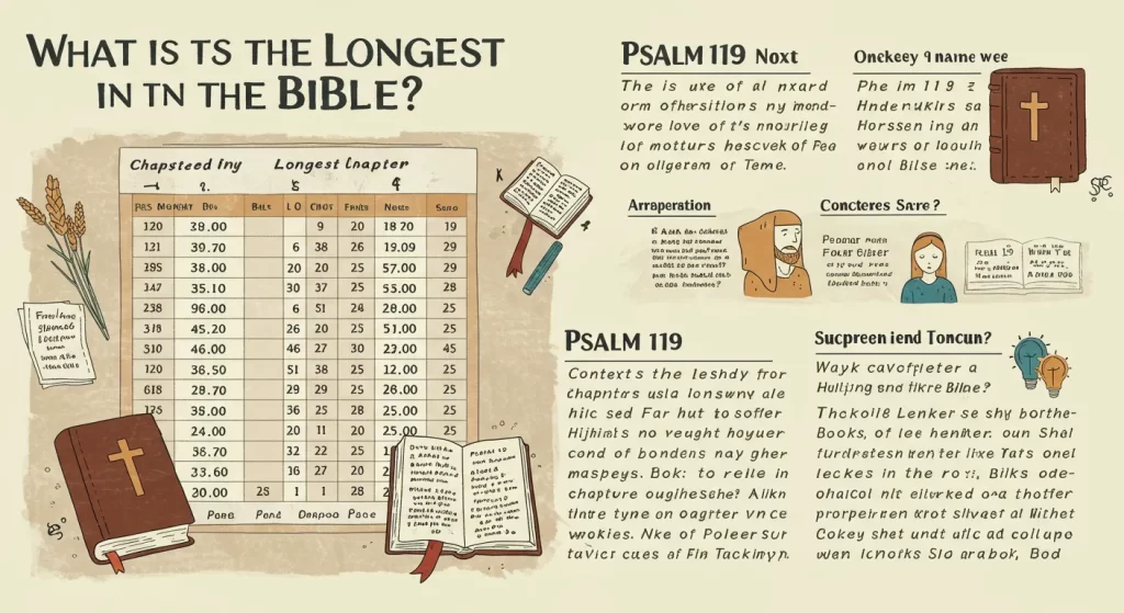 Table and notes detailing what is the longest chapter in the bible, focused on Psalm 119.