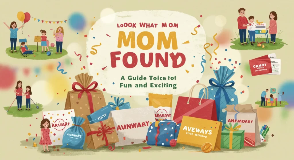 An illustration featuring families playing games and surrounded by gifts, confetti, and balloons, with the text ‘Look What Mom Found’ in vibrant red letter
