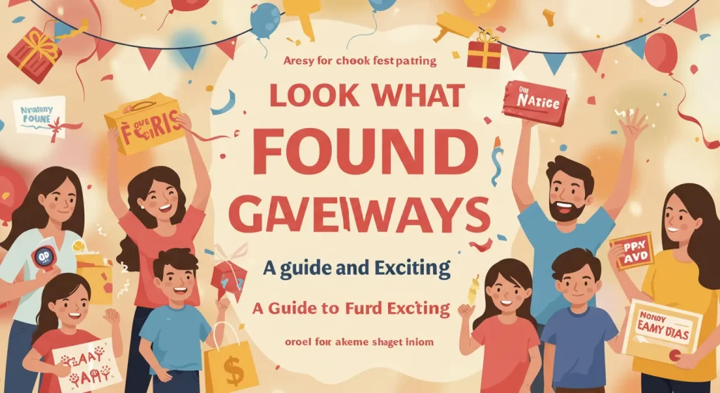 A group of family members celebrating with colorful gifts, confetti, and balloons. The text reads ‘Look What Found Giveaways,’ highlighting an exciting giveaway guide