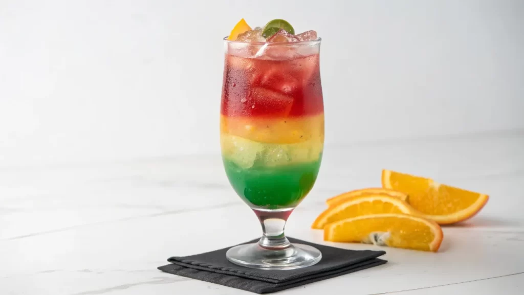 Layered colorful Irish Trash Can cocktail in a glass