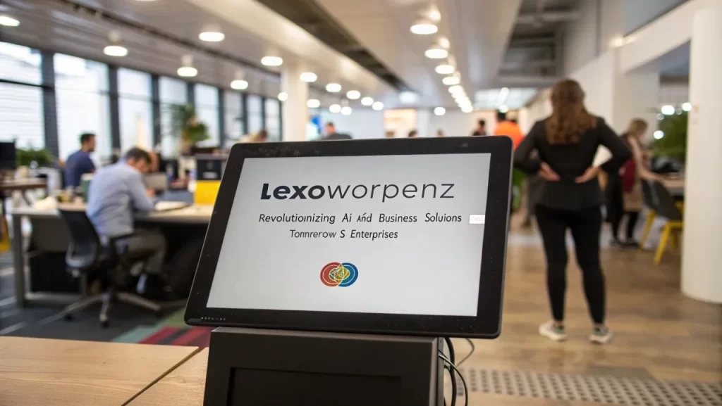 Lexoworpenz logo on a screen in a modern office space