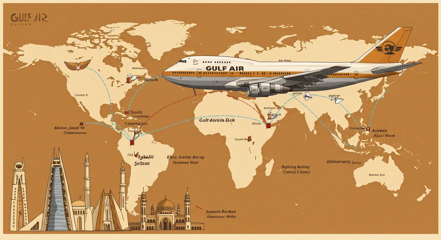Gulf Air flight routes across the globe.