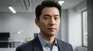 A man dressed in a suit in a modern office environment.