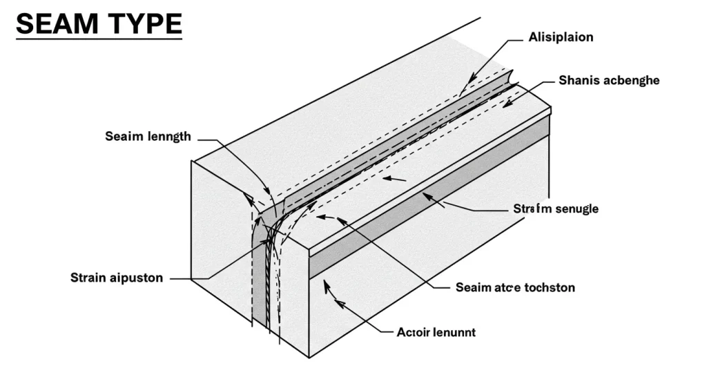 3D diagram of a seam with arrows indicating fabric structure